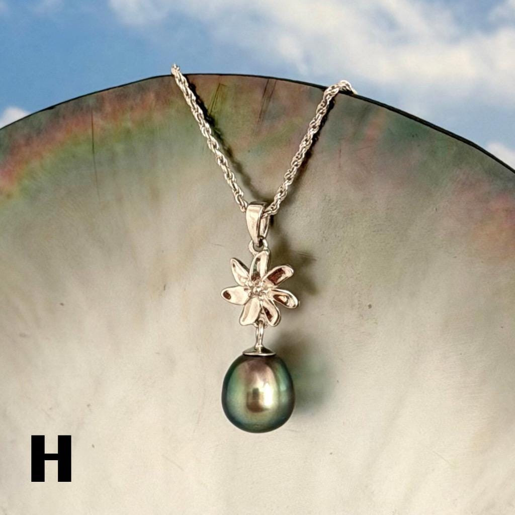 Tahitian Pearl Necklace – Sterling Silver Tiare Gardenia Flower Pendant • Hawaiian • Choose your Pearl