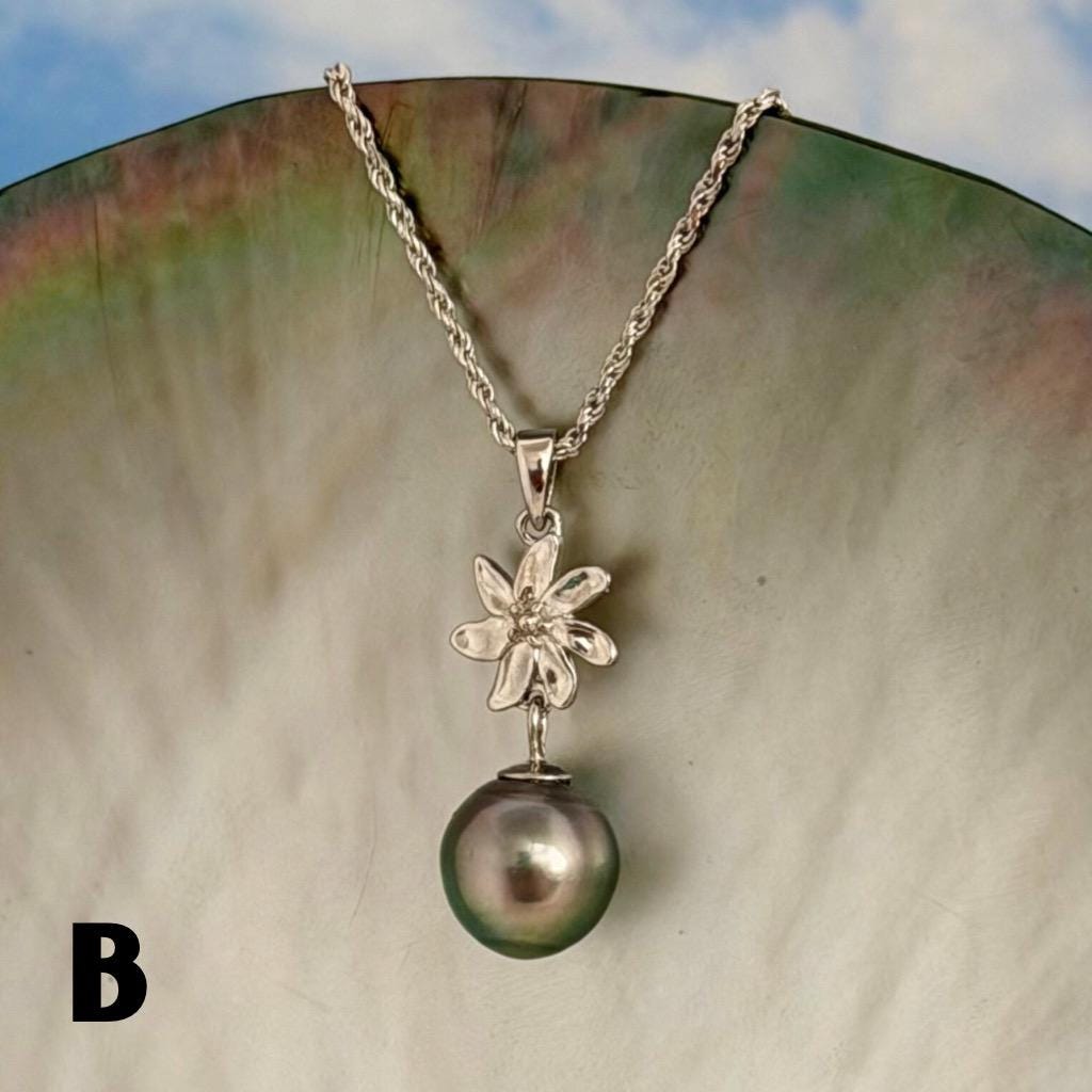 Tahitian Pearl Necklace – Sterling Silver Tiare Gardenia Flower Pendant • Hawaiian • Choose your Pearl