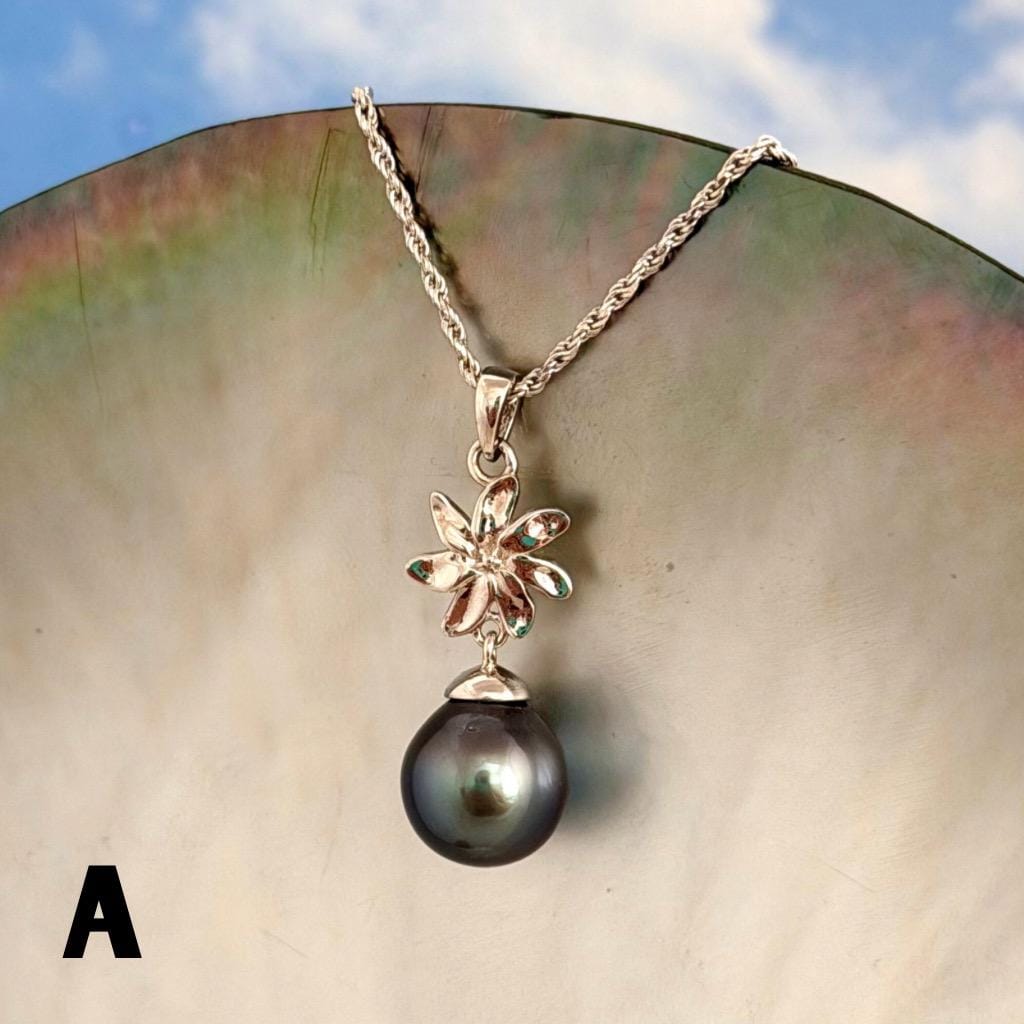 Tahitian Pearl Necklace – Sterling Silver Tiare Gardenia Flower Pendant • Hawaiian • Choose your Pearl