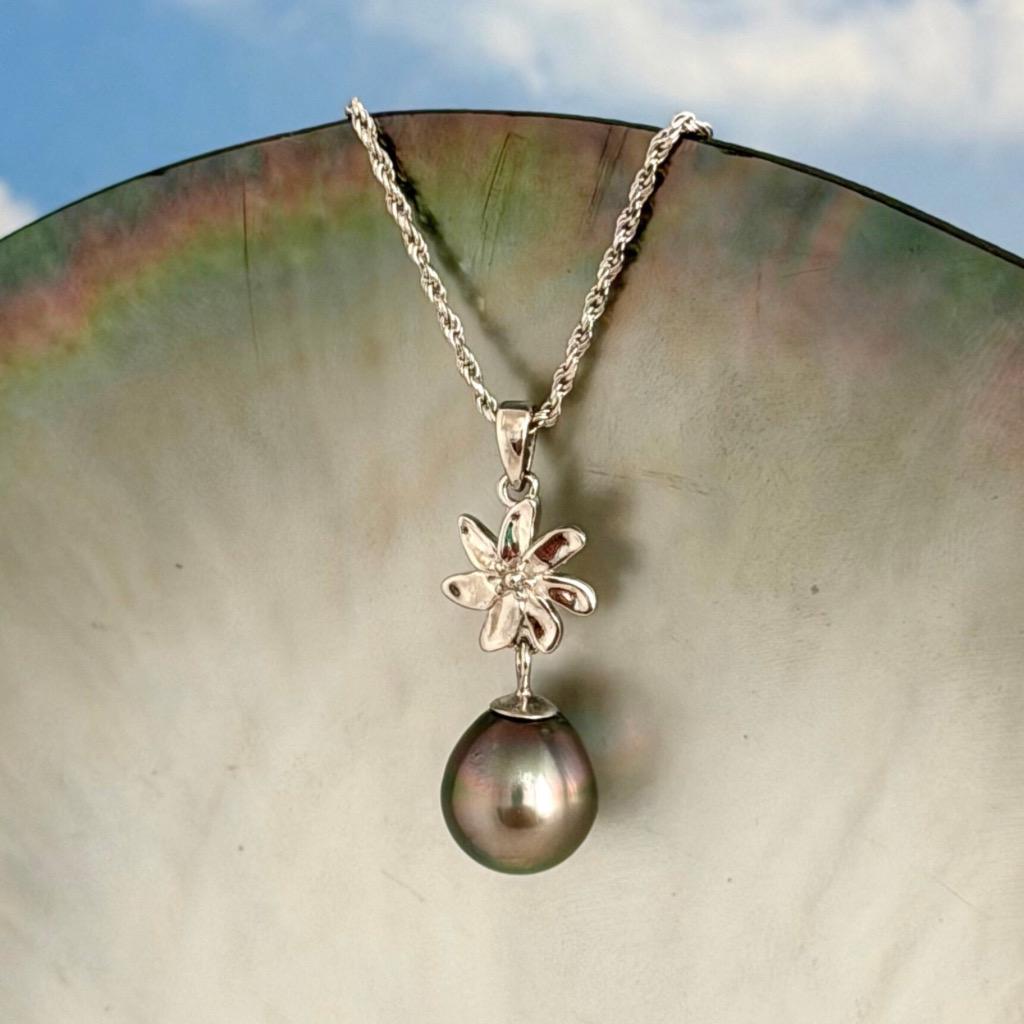 Tahitian Pearl Necklace – Sterling Silver Tiare Gardenia Flower Pendant • Hawaiian • Choose your Pearl