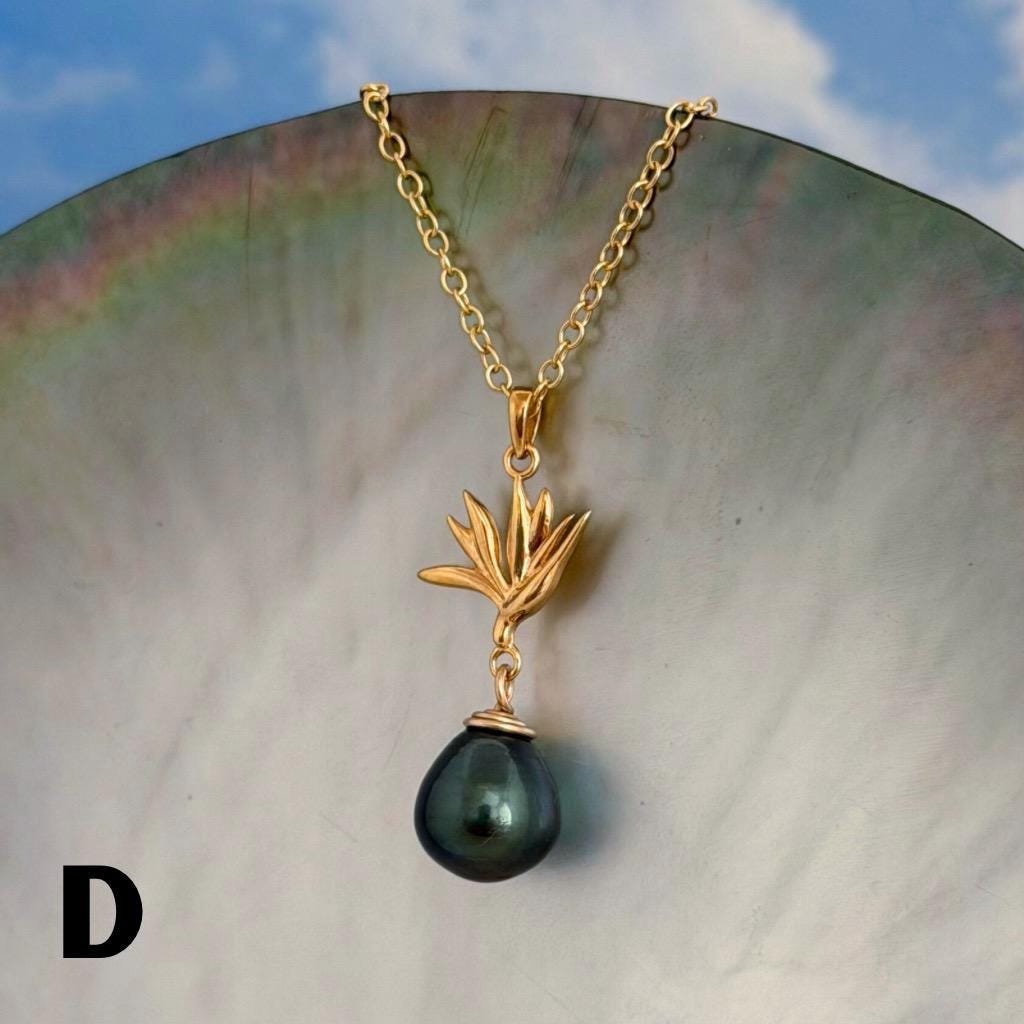 Tahitian Pearl Pendant – Bird of Paradise Flower Necklace • Gold vermeil