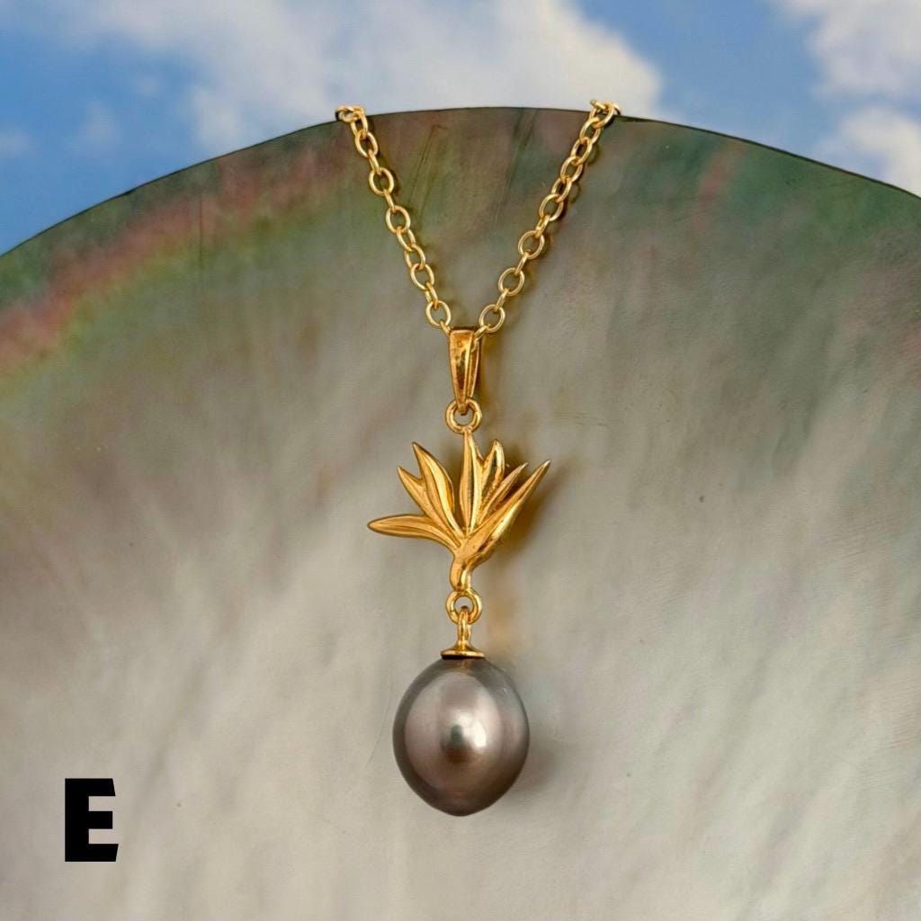 Tahitian Pearl Pendant – Bird of Paradise Flower Necklace • Gold vermeil