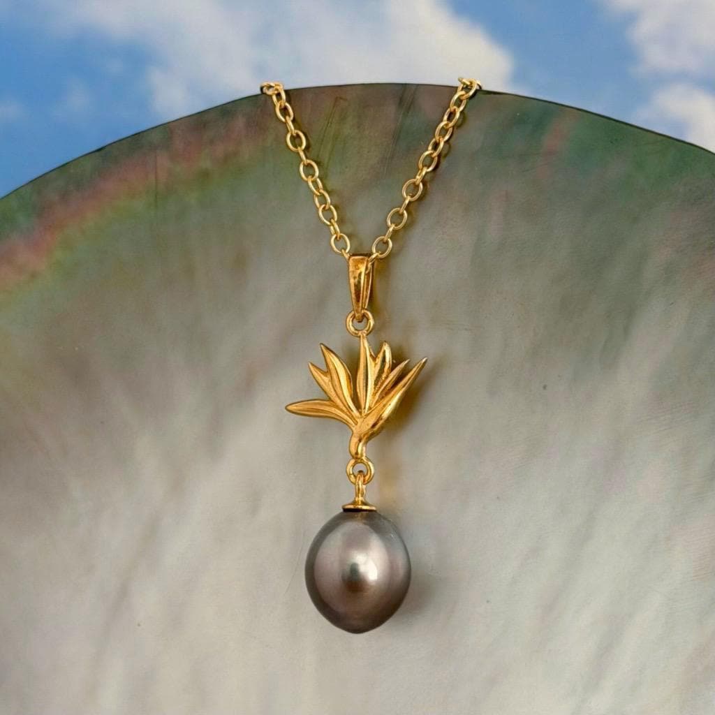 Tahitian Pearl Pendant – Bird of Paradise Flower Necklace • Gold vermeil