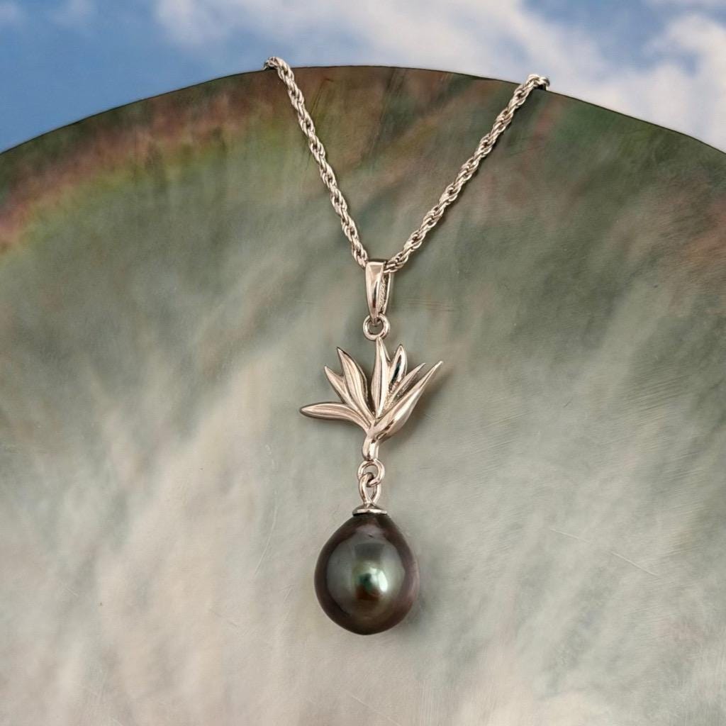 Tahitian pearl pendant — Bird of paradise necklace • CHOOSE YOUR PEARL • Sterling silver