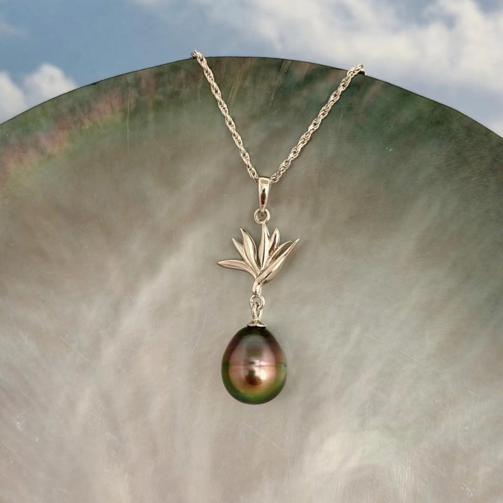 Tahitian pearl pendant — Bird of paradise necklace • CHOOSE YOUR PEARL • Sterling silver