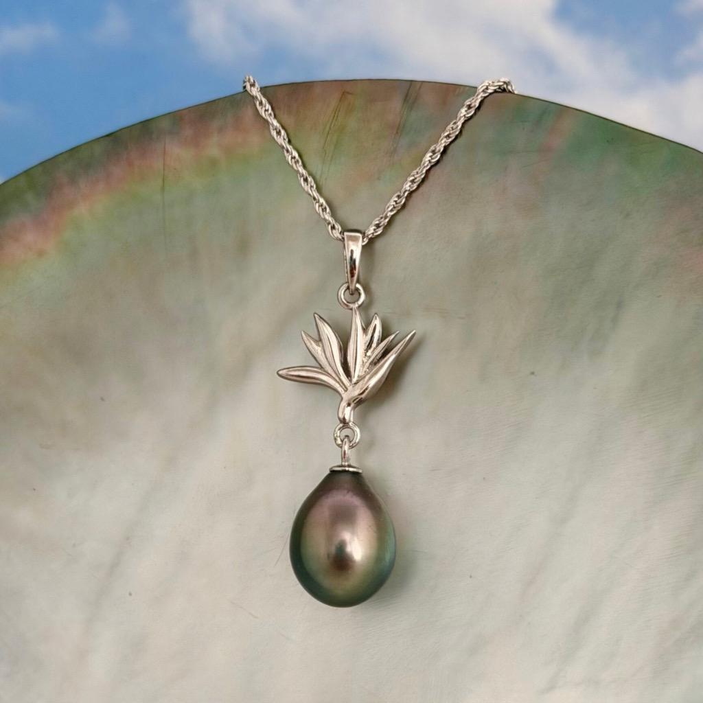 Tahitian pearl pendant — Bird of paradise necklace • CHOOSE YOUR PEARL • Sterling silver