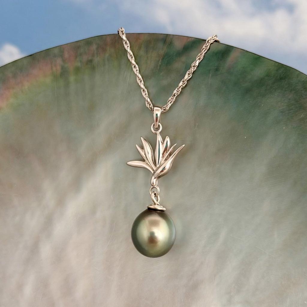 Tahitian pearl pendant — Bird of paradise necklace • CHOOSE YOUR PEARL • Sterling silver