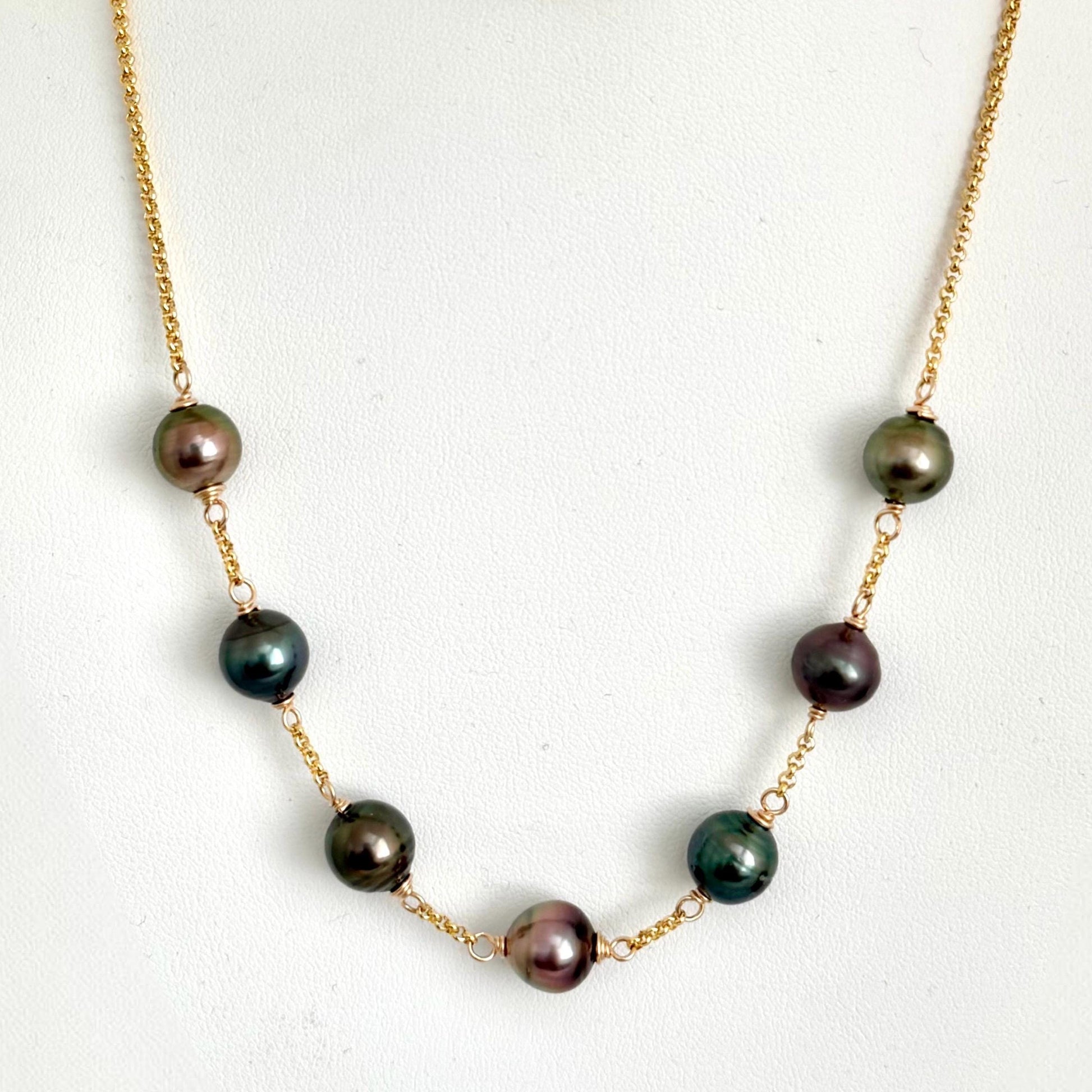 Tahitian pearl necklace • Gold filled Link chain • multicolor peacock color