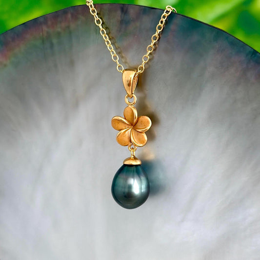Tahitian pearl necklace - Plumeria Pendant • Gold vermeil • Tropical jewelry