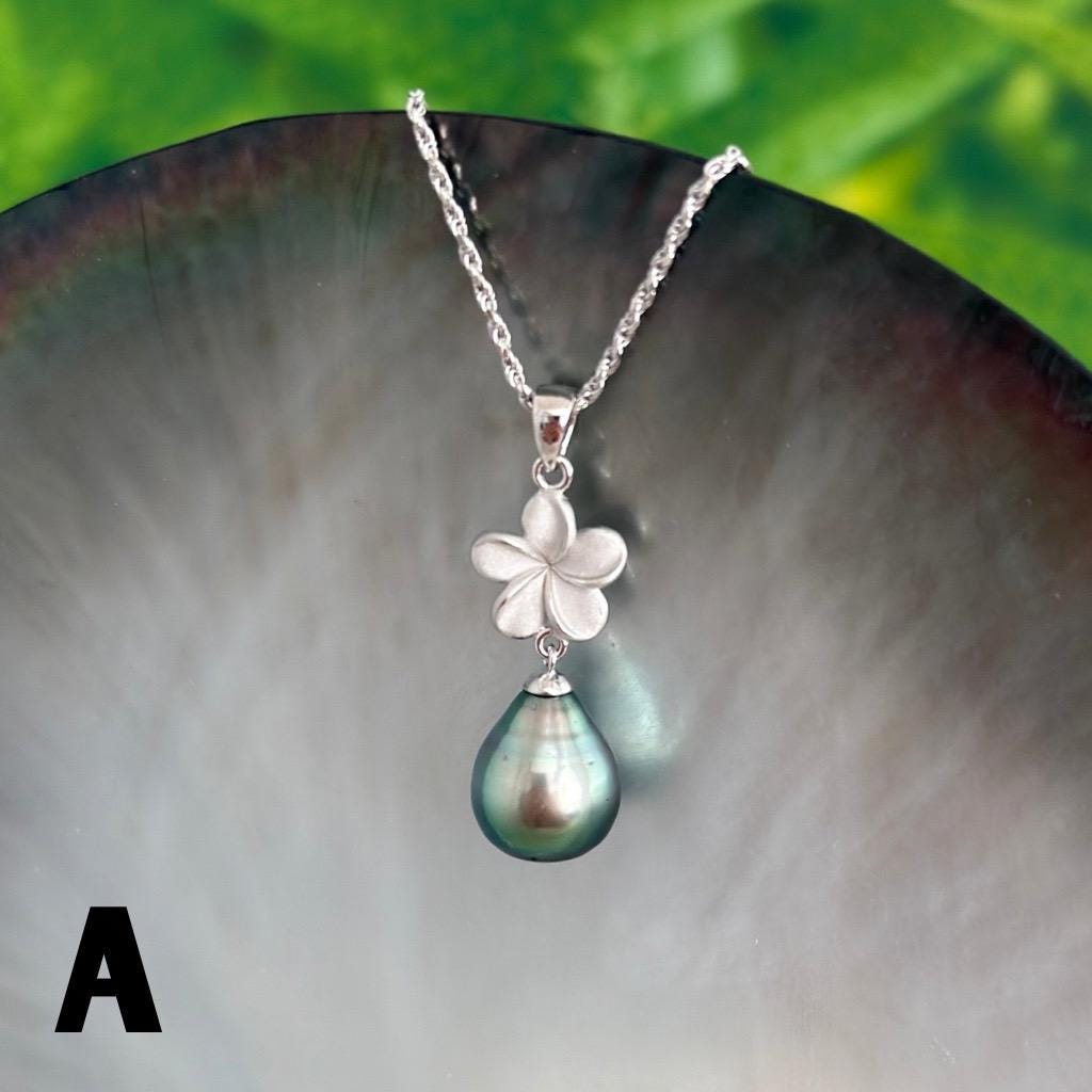 Tahitian pearl pendant • Plumeria necklace • Sterling silver Jewelry
