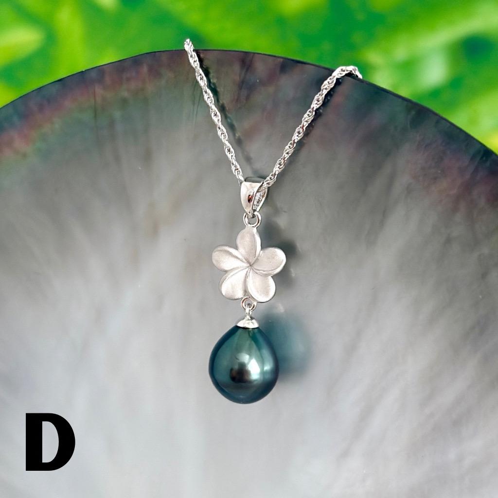 Tahitian pearl pendant • Plumeria necklace • Sterling silver Jewelry