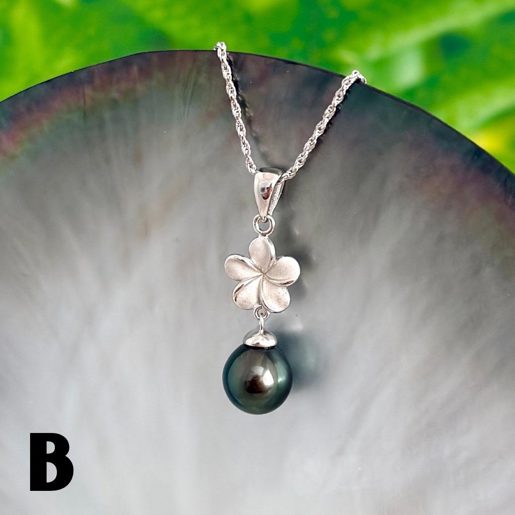 Tahitian pearl pendant • Plumeria necklace • Sterling silver Jewelry