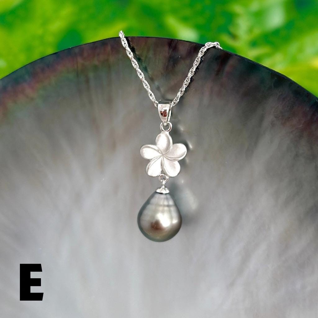 Tahitian pearl pendant • Plumeria necklace • Sterling silver Jewelry