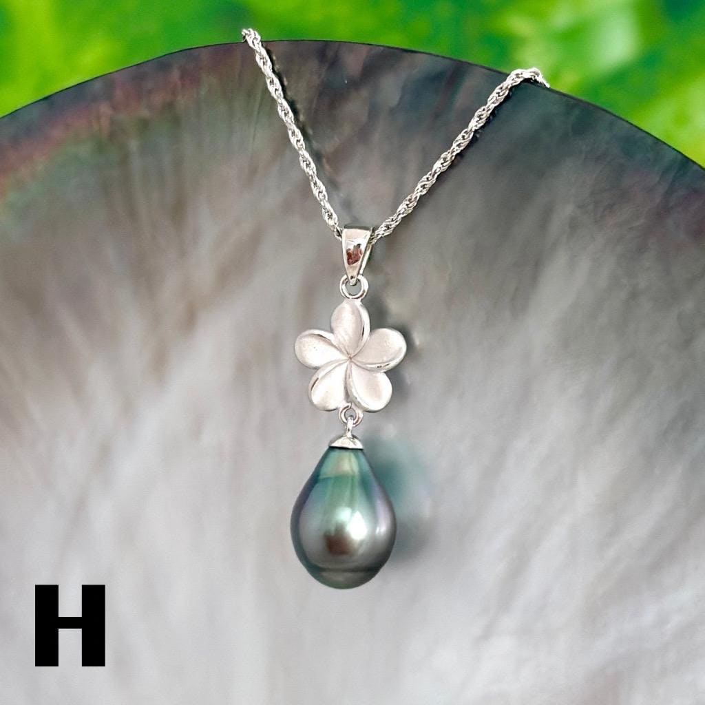 Tahitian pearl pendant • Plumeria necklace • Sterling silver Jewelry