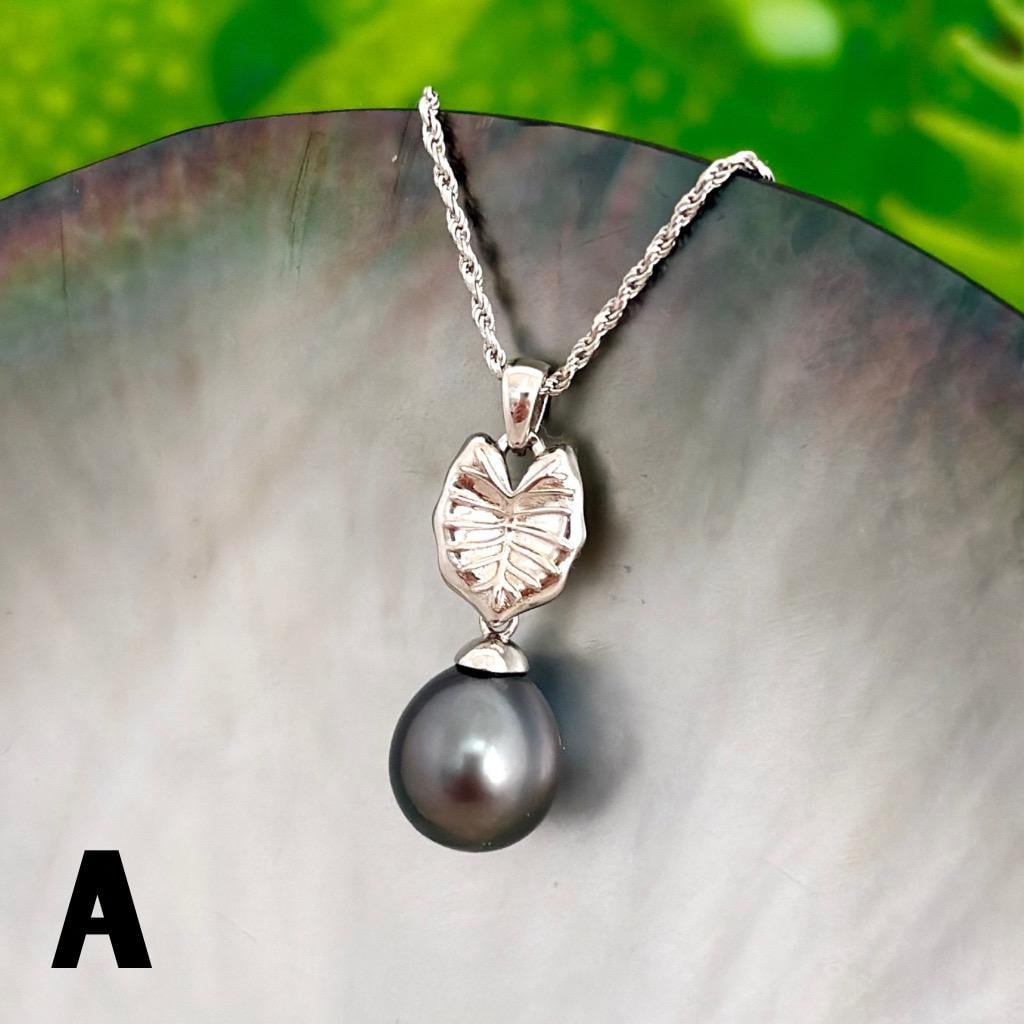 Tahitian pearl pendant — Kalo leaf necklace • Sterling silver • Hawaiian tropical design