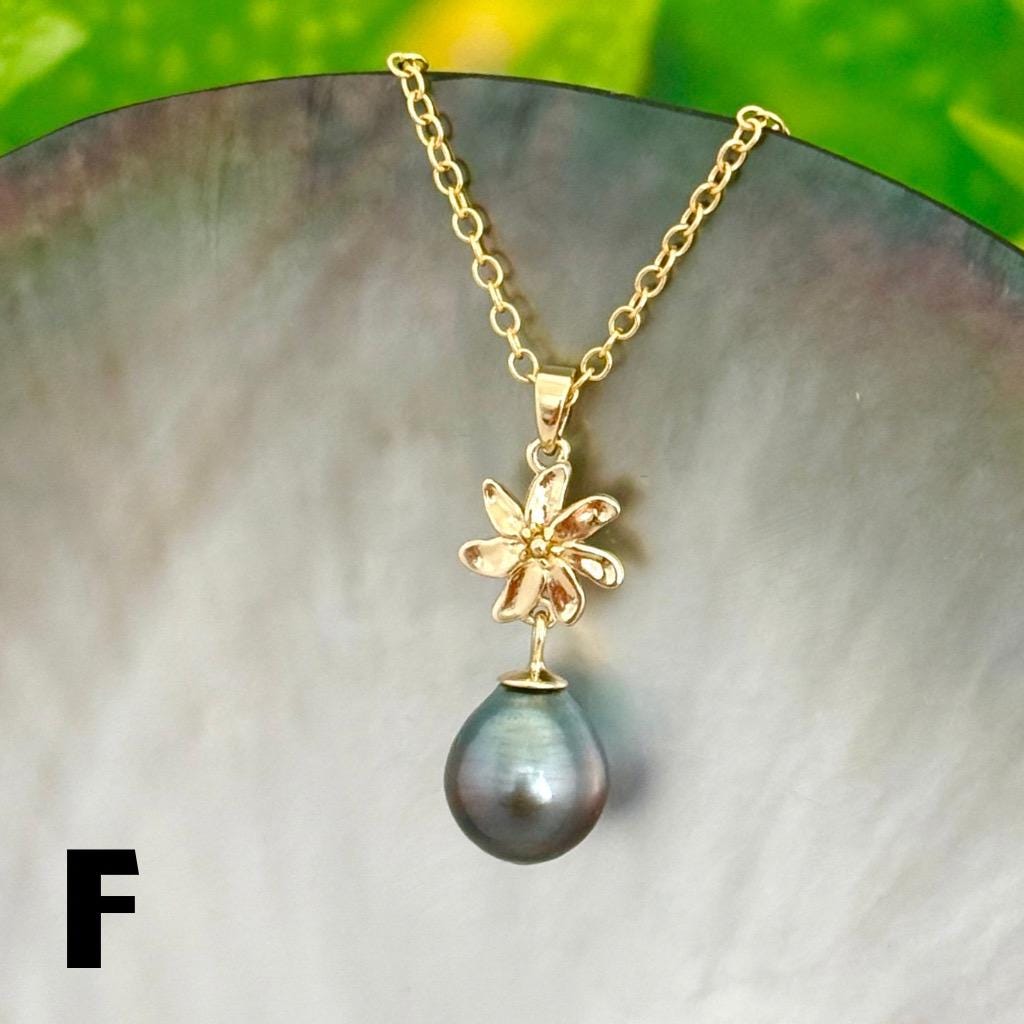 Tahitian Pearl Necklace – Gold Tiare Gardenia Flower Pendant • Hawaiian • Elegant black pearl Jewelry