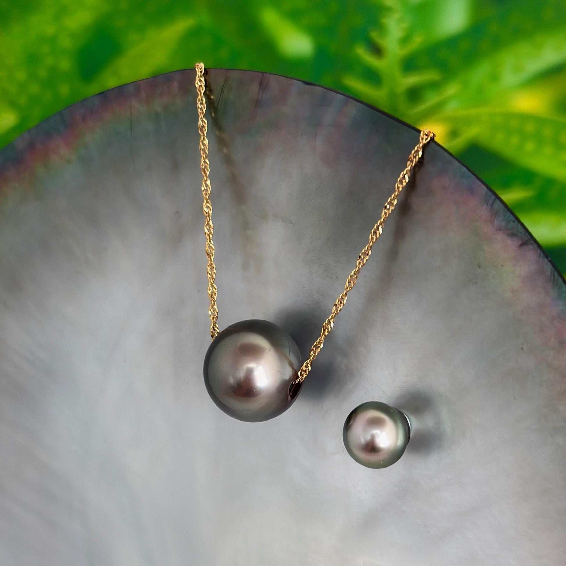 Tahitian pearl necklace • Floating 14.9mm Slider • Solid Gold • minimalist jewelry