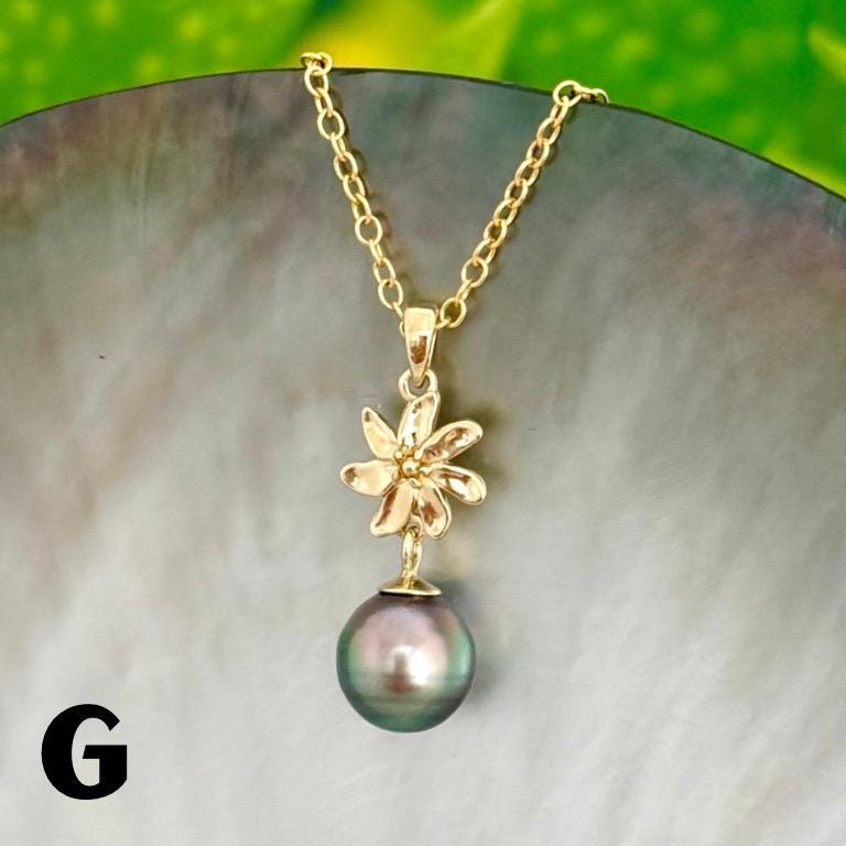 Tahitian Pearl Necklace – Gold Tiare Gardenia Flower Pendant • Hawaiian • Elegant black pearl Jewelry