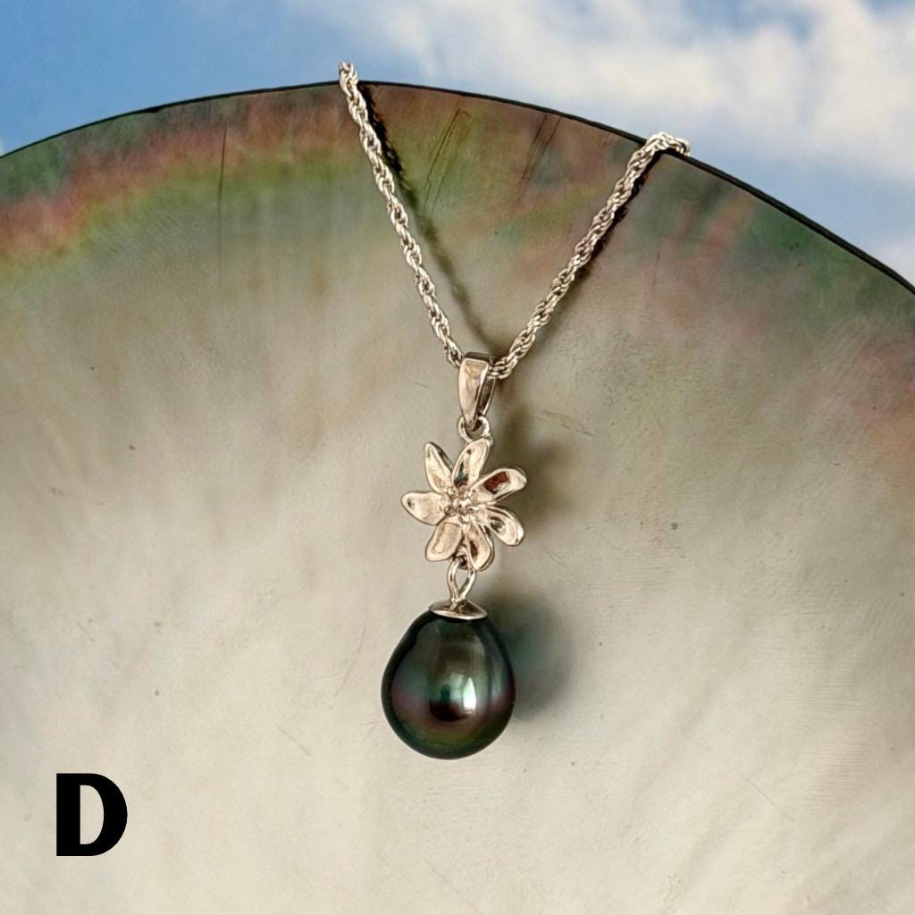 Tahitian Pearl Necklace – Sterling Silver Tiare Gardenia Flower Pendant • Hawaiian • Choose your Pearl