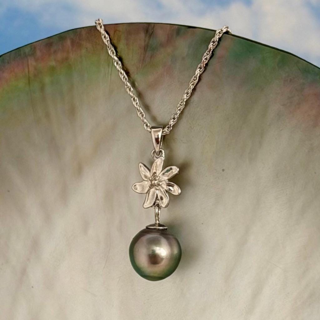 Tahitian Pearl Necklace – Sterling Silver Tiare Gardenia Flower Pendant • Hawaiian • Choose your Pearl