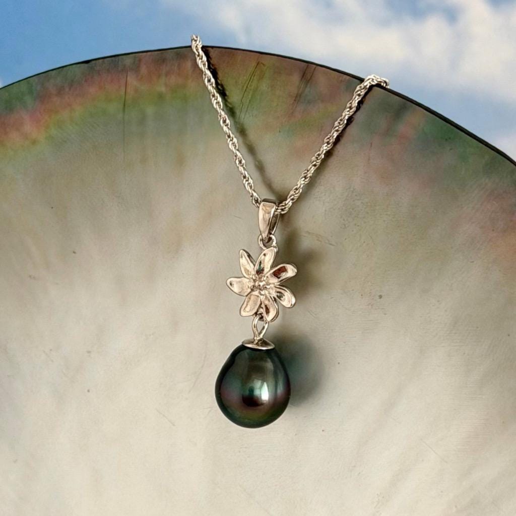 Tahitian Pearl Necklace – Sterling Silver Tiare Gardenia Flower Pendant • Hawaiian • Choose your Pearl