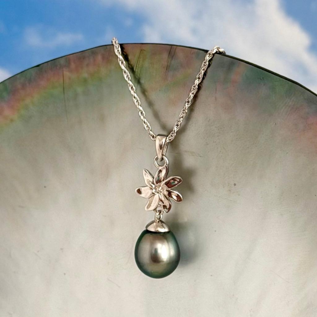 Tahitian Pearl Necklace – Sterling Silver Tiare Gardenia Flower Pendant • Hawaiian • Choose your Pearl
