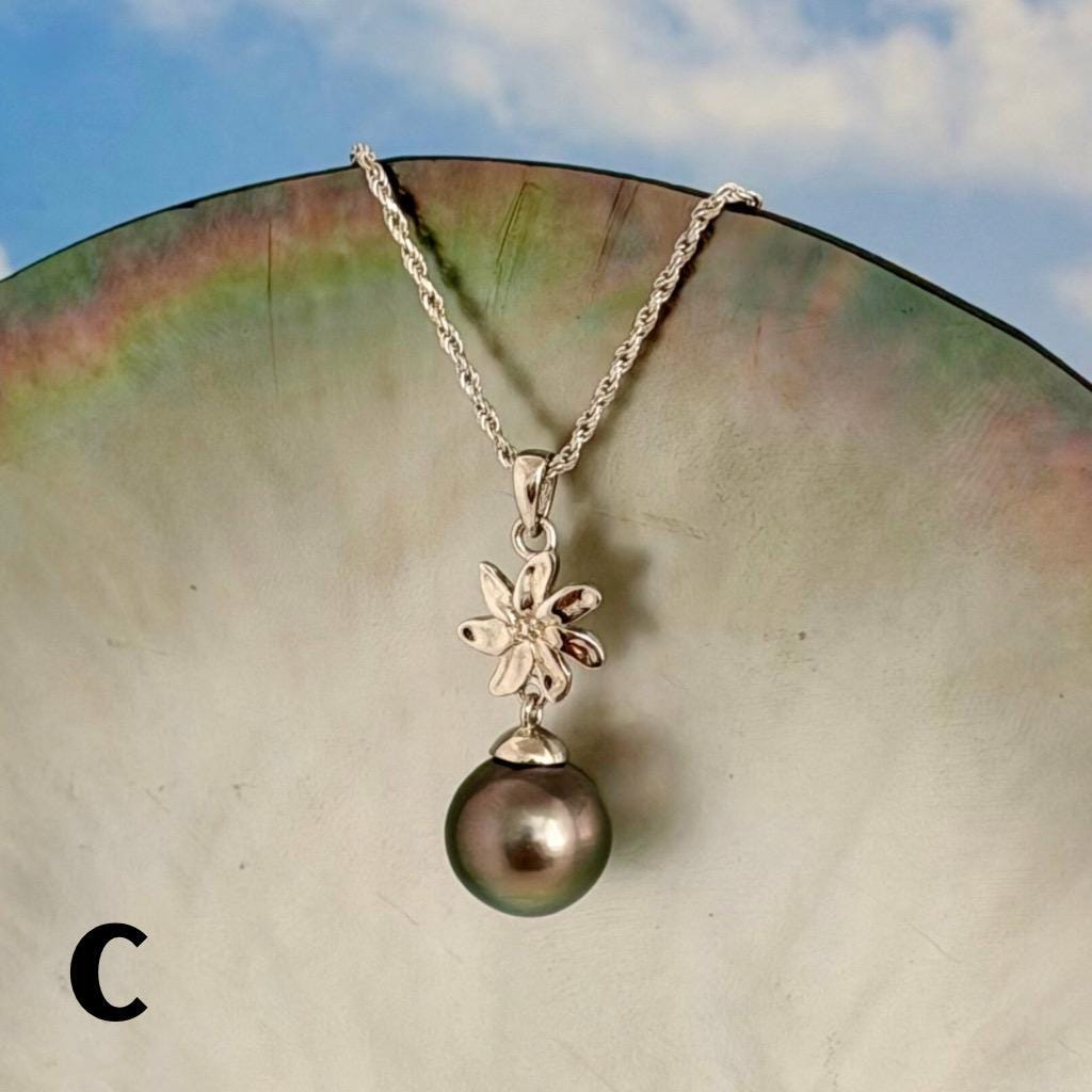 Tahitian Pearl Necklace – Sterling Silver Tiare Gardenia Flower Pendant • Hawaiian • Choose your Pearl