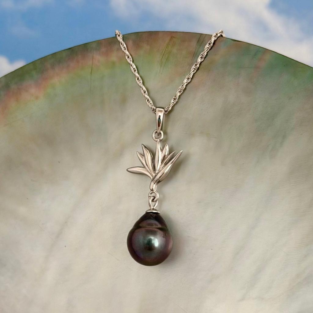 Tahitian pearl pendant — Bird of paradise necklace • CHOOSE YOUR PEARL • Sterling silver