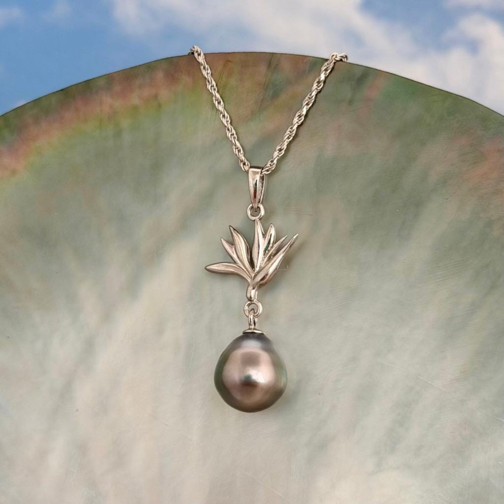 Tahitian pearl pendant — Bird of paradise necklace • CHOOSE YOUR PEARL • Sterling silver