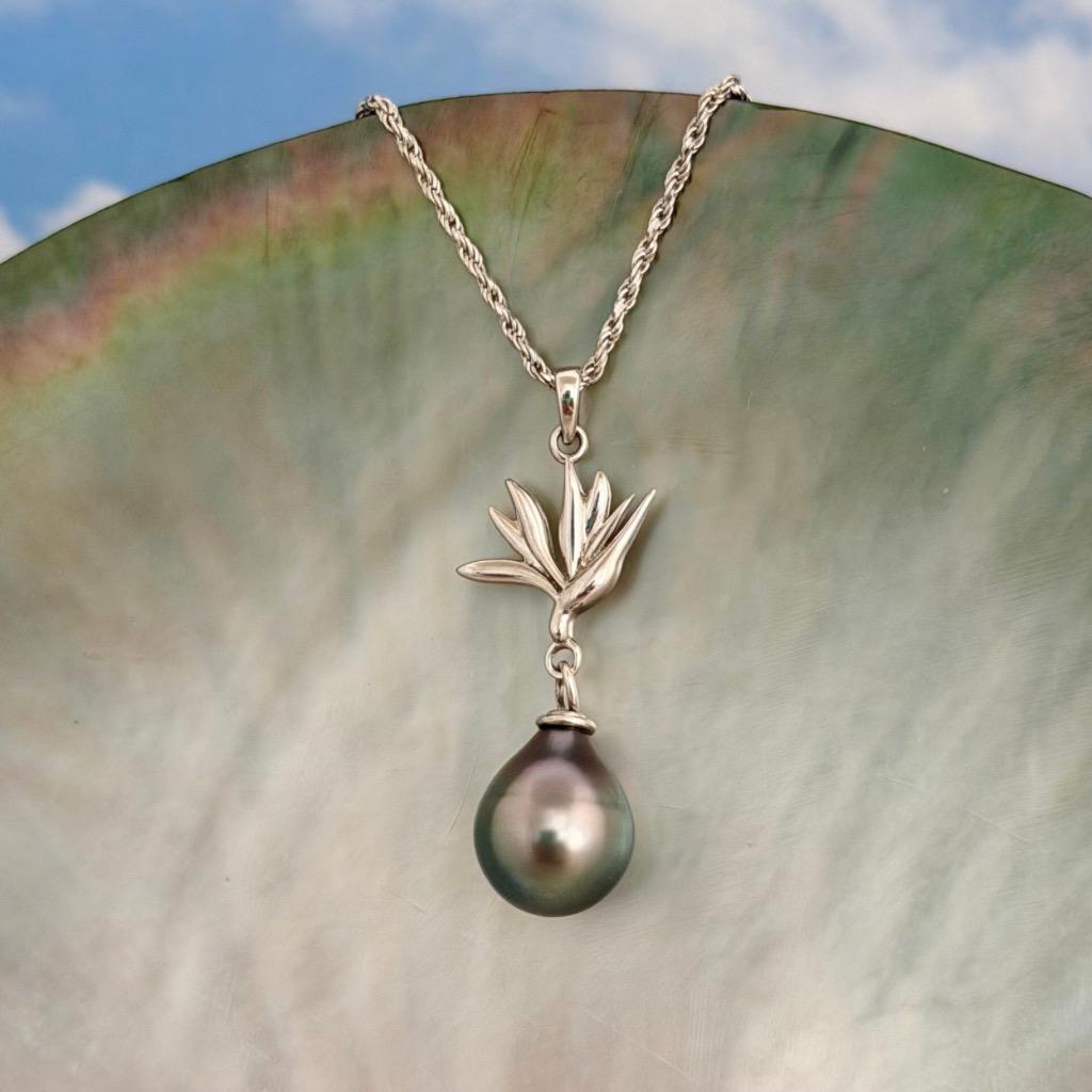 Tahitian pearl pendant — Bird of paradise necklace • CHOOSE YOUR PEARL • Sterling silver
