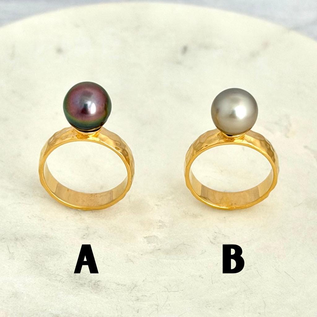 Tahitian pearl ring - Choose your pearl • Gold Vermeil • Hammered style