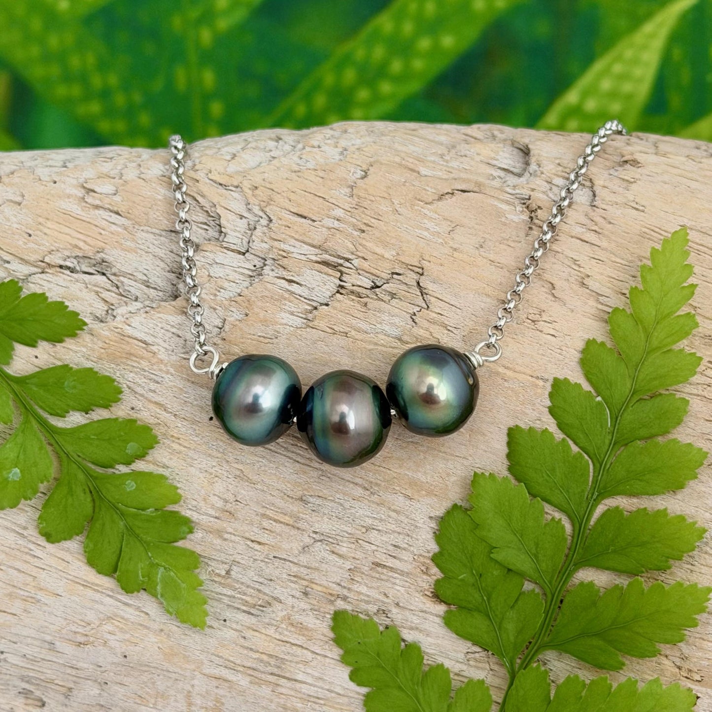 Tahitian Pearl Necklace – Triple Black Gems on Sterling Silver • Minimalist