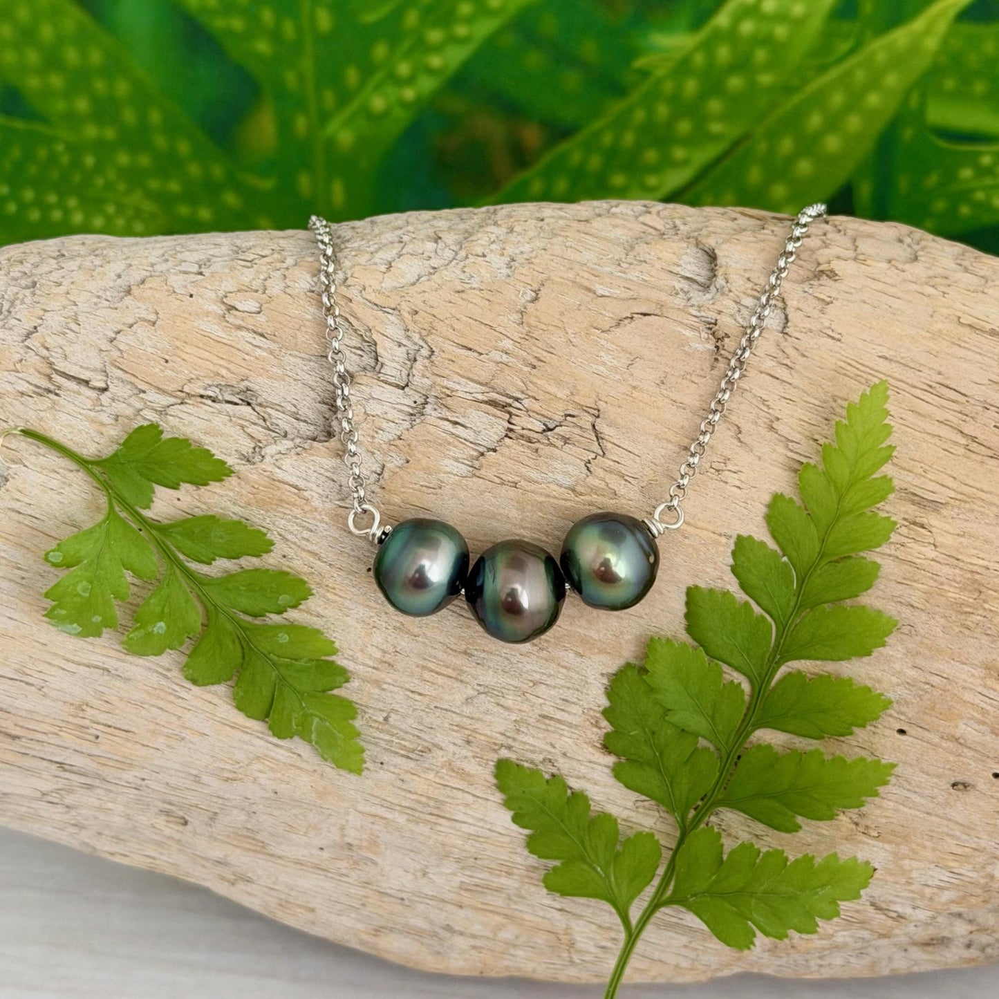 Tahitian Pearl Necklace – Triple Black Gems on Sterling Silver • Minimalist