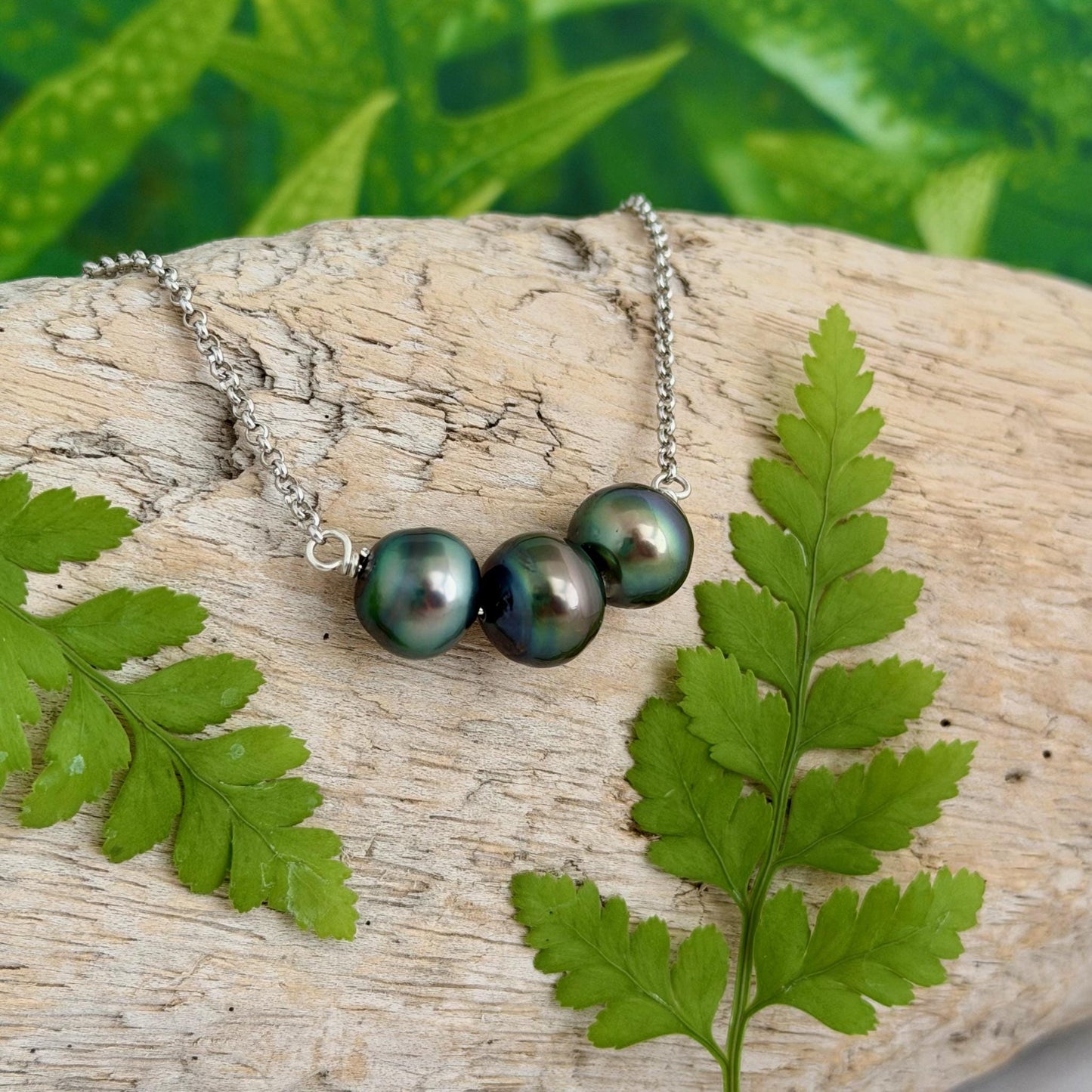 Tahitian Pearl Necklace – Triple Black Gems on Sterling Silver • Minimalist