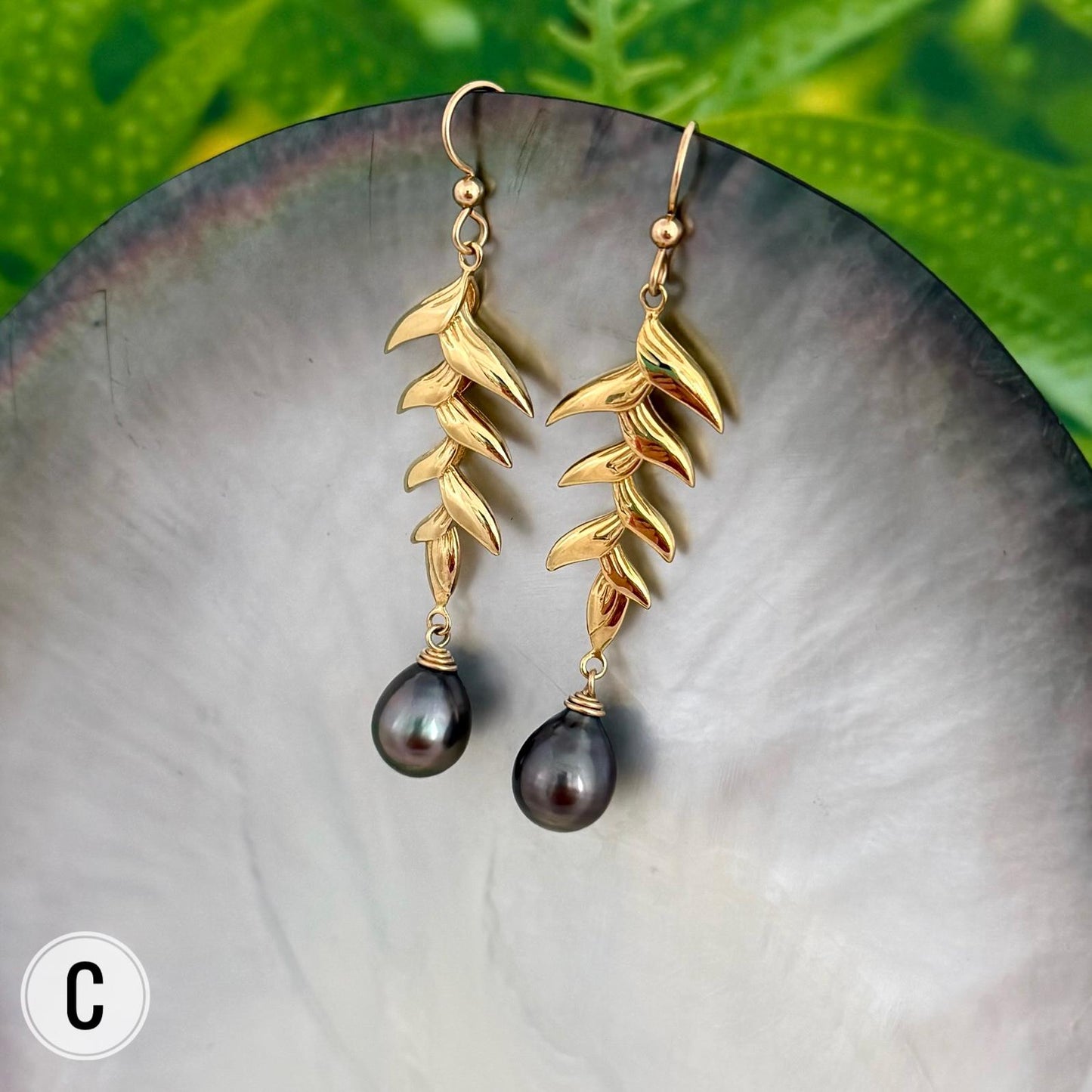 Tahitian Pearl Dangle Earrings: Gold plated Heliconia Leaf Drop Jewelry