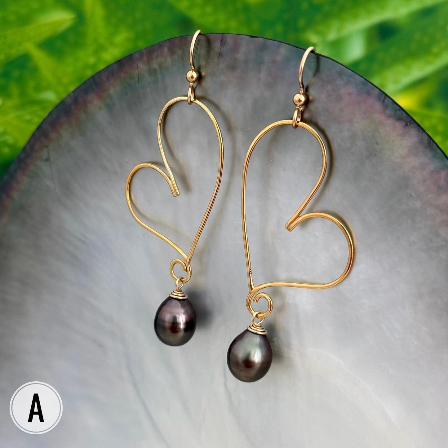 Tahitian Pearl Heart Earrings: 14k Gold Vermeil Dangle Earrings