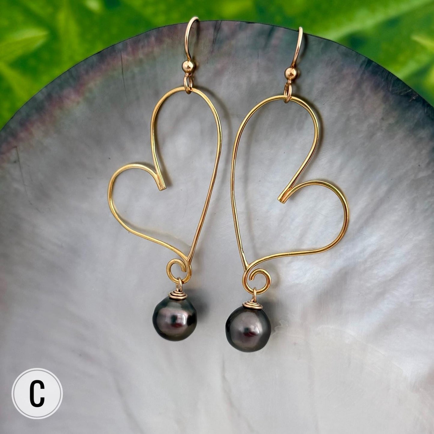 Tahitian Pearl Heart Earrings: 14k Gold Vermeil Dangle Earrings