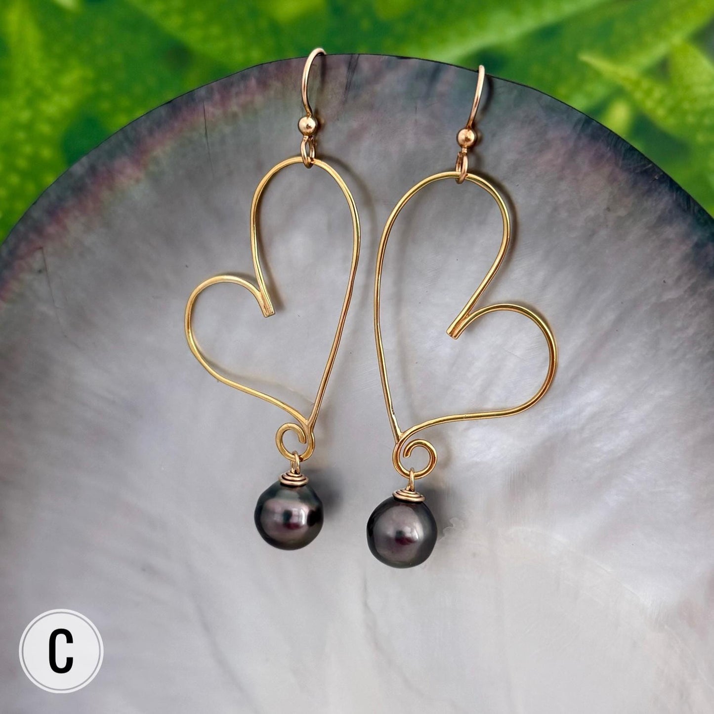 Tahitian Pearl Heart Earrings: 14k Gold Vermeil Dangle Earrings
