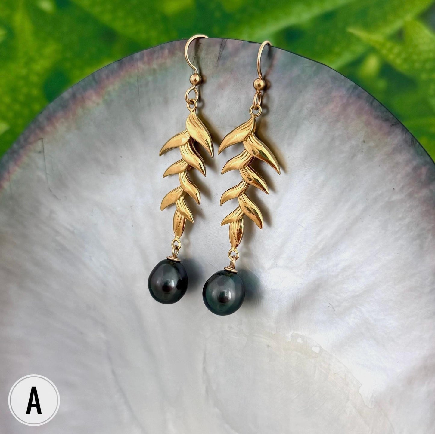 Tahitian Pearl Dangle Earrings: Gold plated Heliconia Leaf Drop Jewelry
