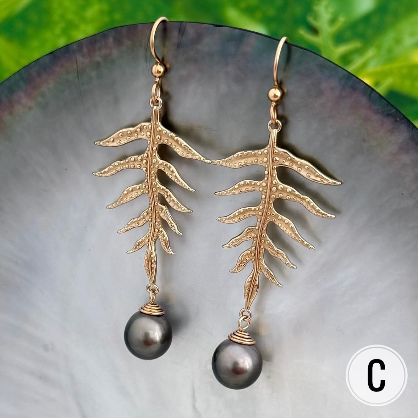 Laua’e Dangle Earrings • Tahitian black pearl jewelry