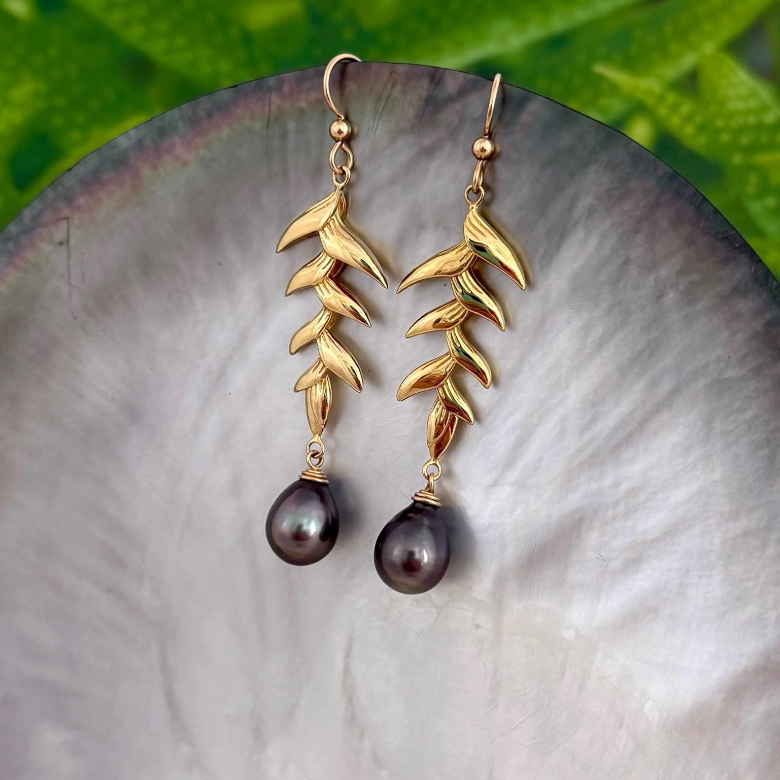 Tahitian Pearl Dangle Earrings: Gold plated Heliconia Leaf Drop Jewelry