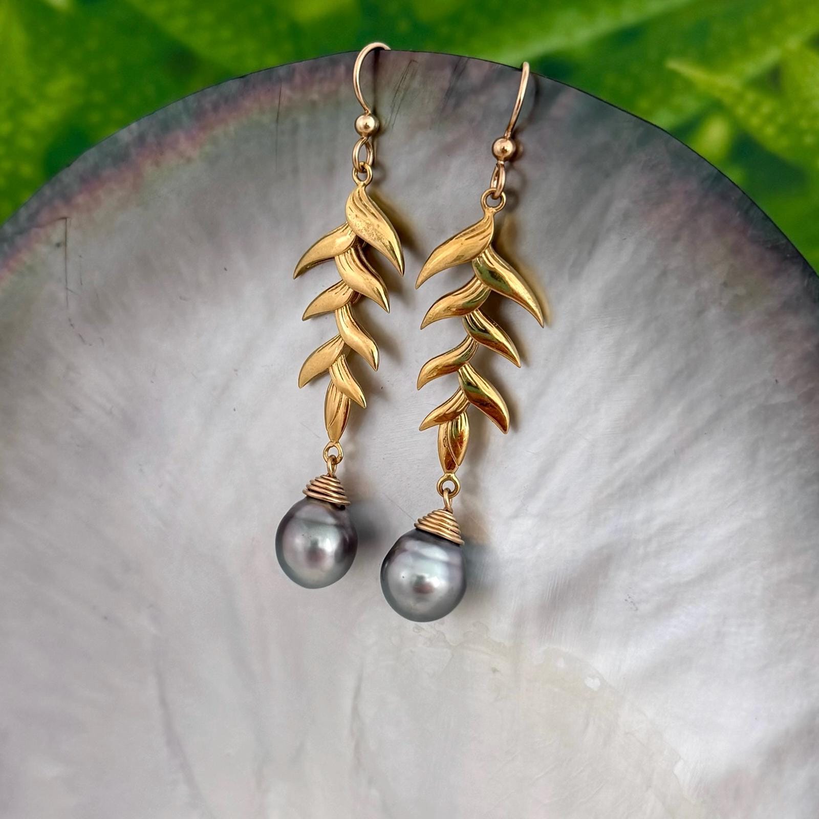Tahitian Pearl Dangle Earrings: Gold plated Heliconia Leaf Drop Jewelry