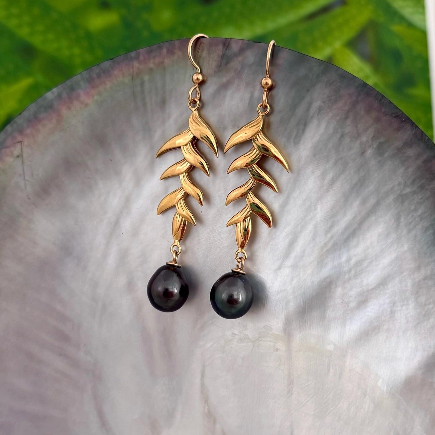 Tahitian Pearl Dangle Earrings: Gold plated Heliconia Leaf Drop Jewelry