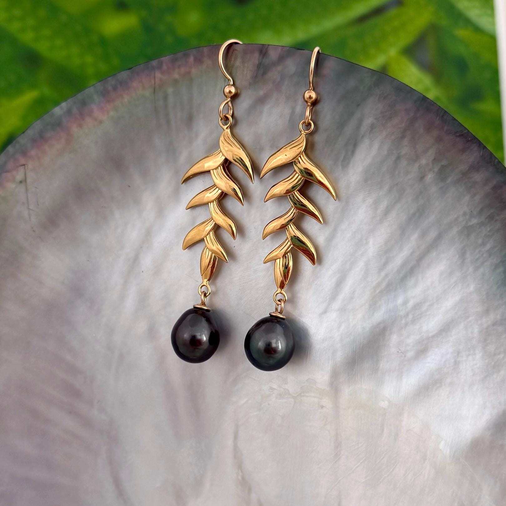 Tahitian Pearl Dangle Earrings: Gold plated Heliconia Leaf Drop Jewelry
