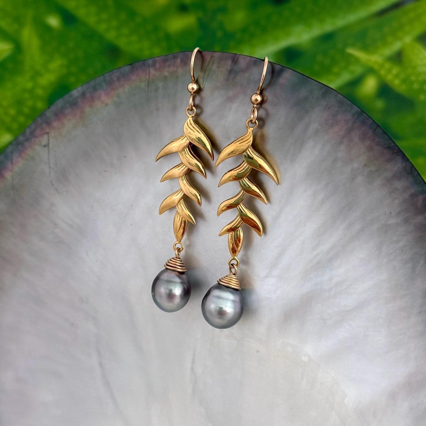 Tahitian Pearl Dangle Earrings: Gold plated Heliconia Leaf Drop Jewelry