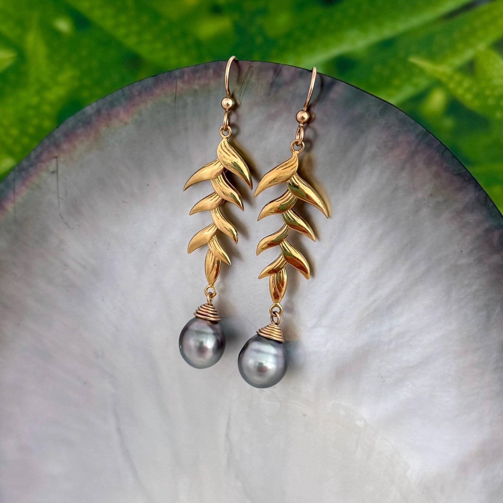 Tahitian Pearl Dangle Earrings: Gold plated Heliconia Leaf Drop Jewelry