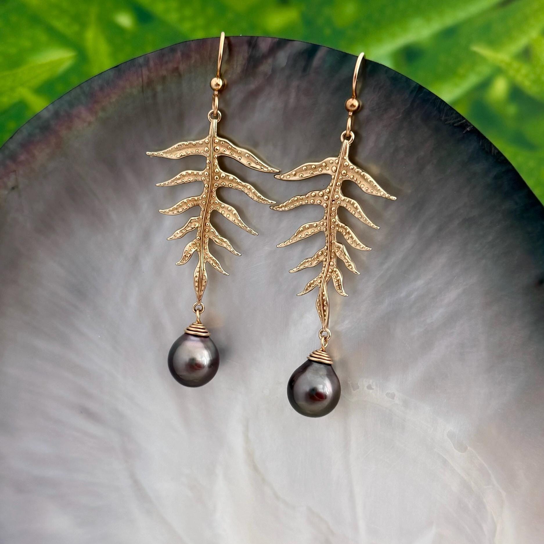 Laua’e Dangle Earrings • Tahitian black pearl jewelry