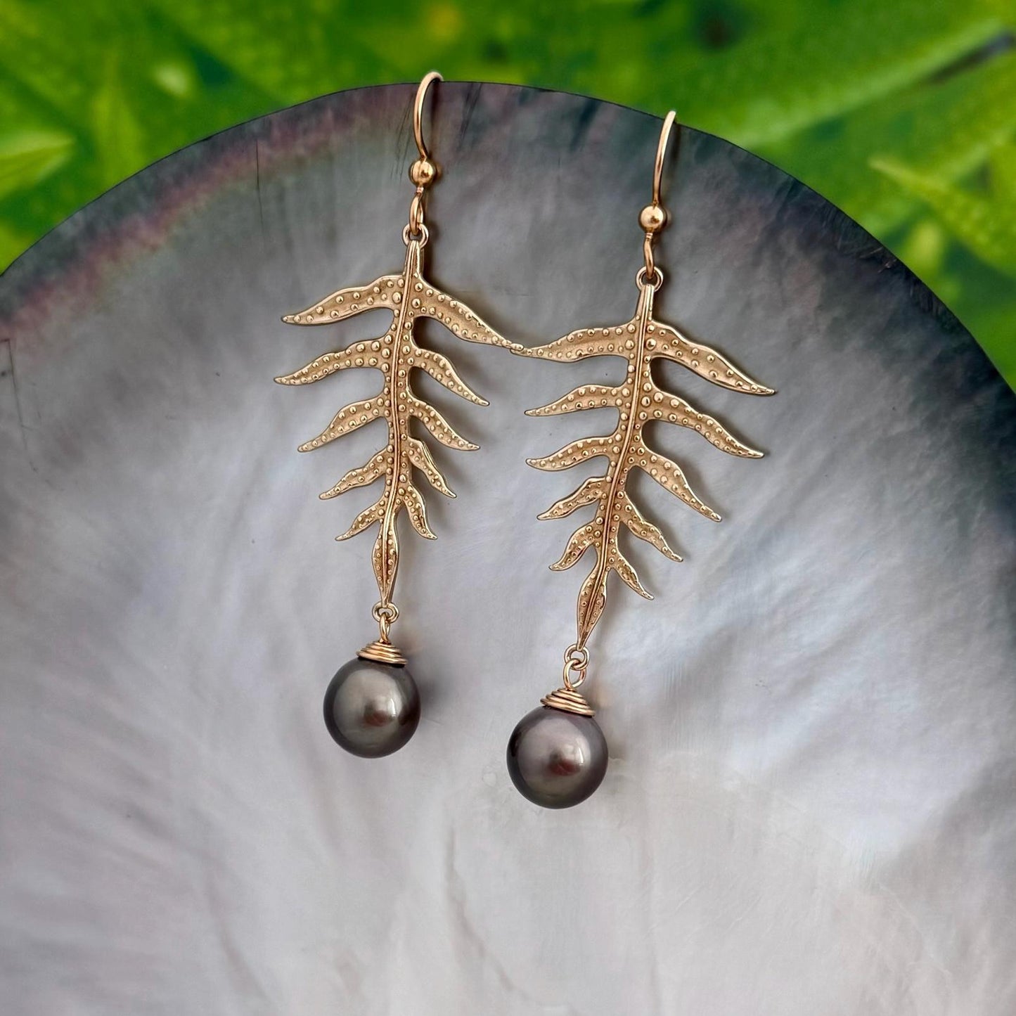 Laua’e Dangle Earrings • Tahitian black pearl jewelry