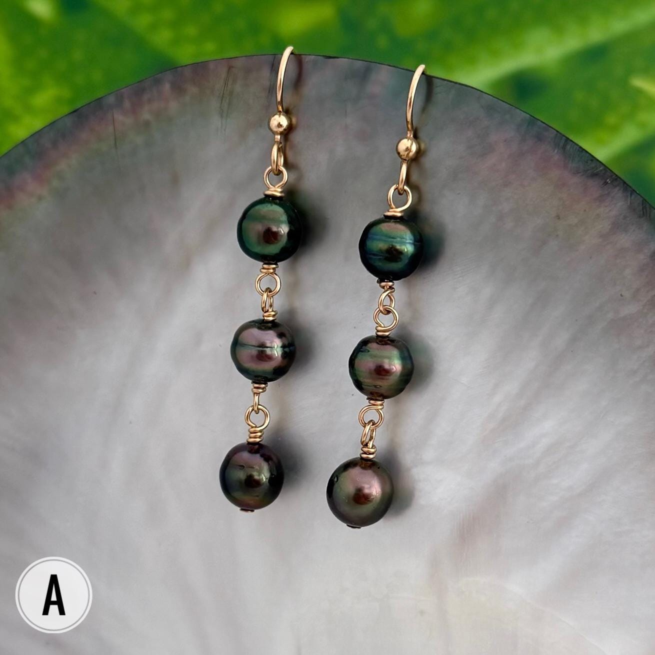 Tahitian Pearl Earrings • Triple Drop Dangle • Gold Filled Jewelry Handmade in Hawaii