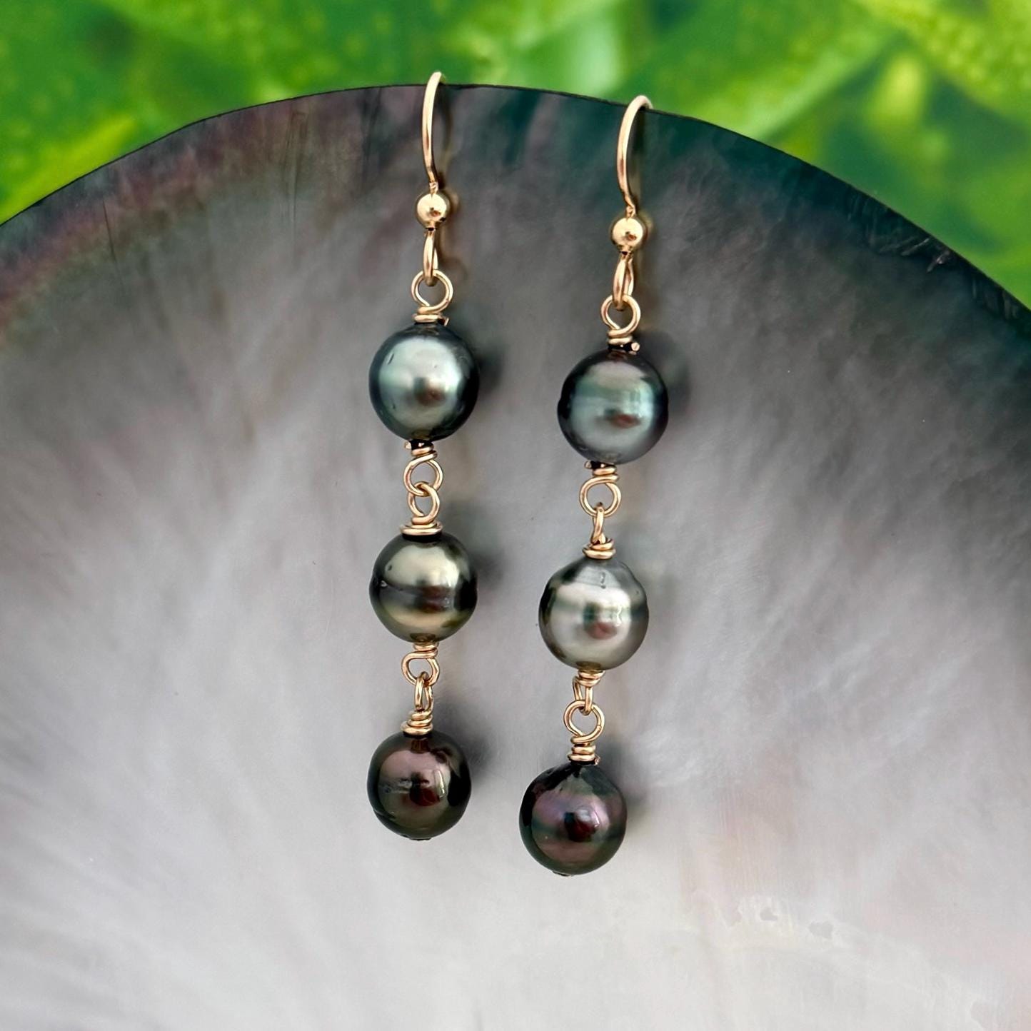 Tahitian Pearl Earrings • Triple Drop Dangle • Gold Filled Jewelry Handmade in Hawaii
